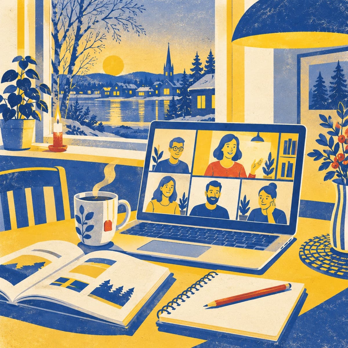 Illustration: an evening Swedish lesson on Zoom, a laptop on a kitchen table with a small group of faces on screen.