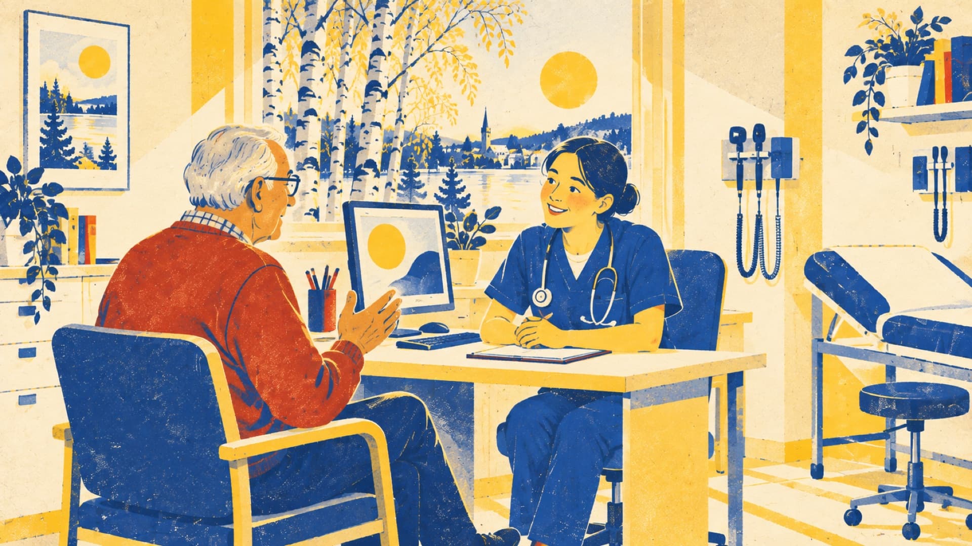 Illustration: a doctor sitting with a patient, talking in Swedish.