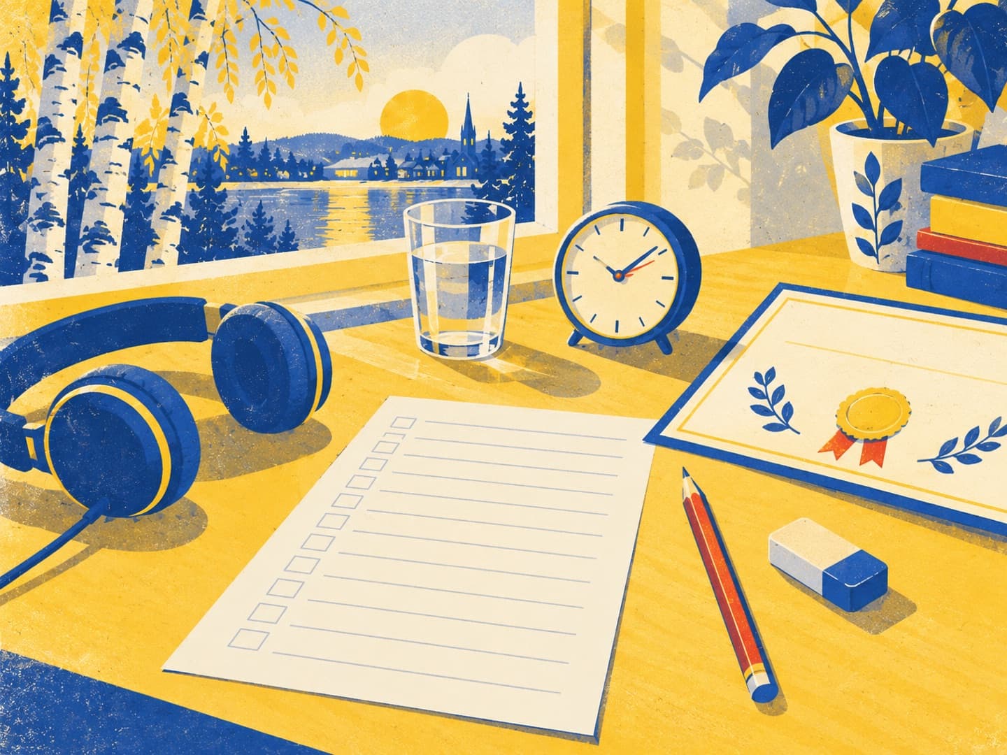 Illustration: an exam desk with headphones, an answer sheet and a finished certificate.