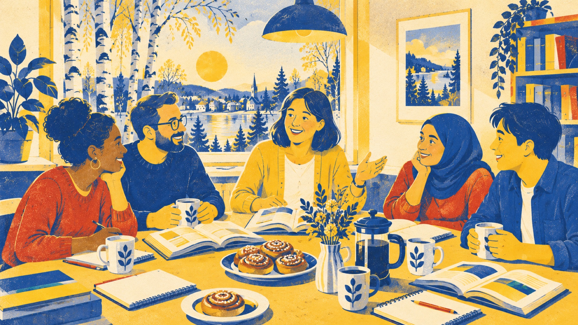 Illustration: a teacher and four adult learners talk around a table with coffee and cinnamon buns.